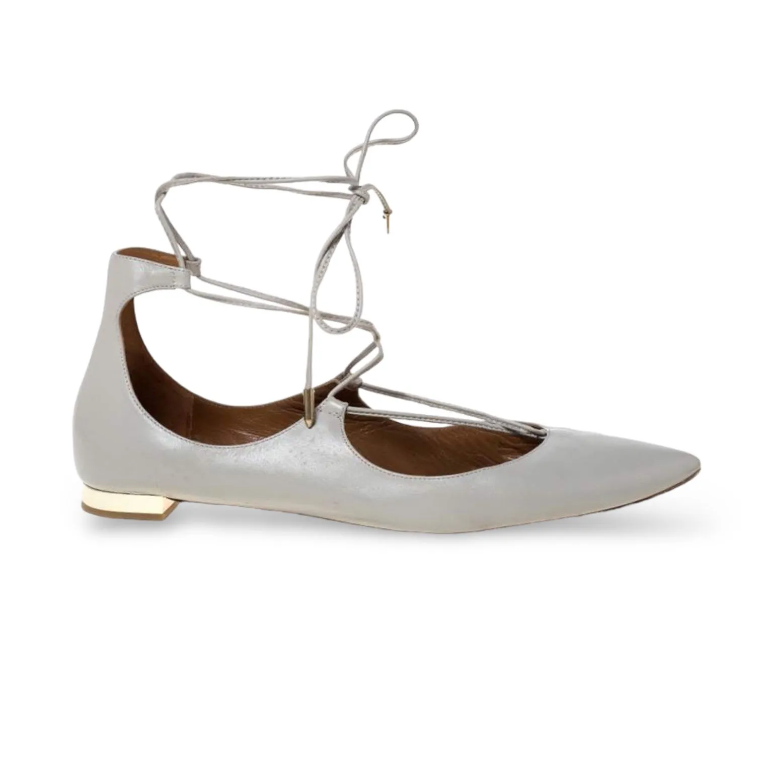 Aquazzura Firenze Grey Leather Lace-Up 'Christy' Flats