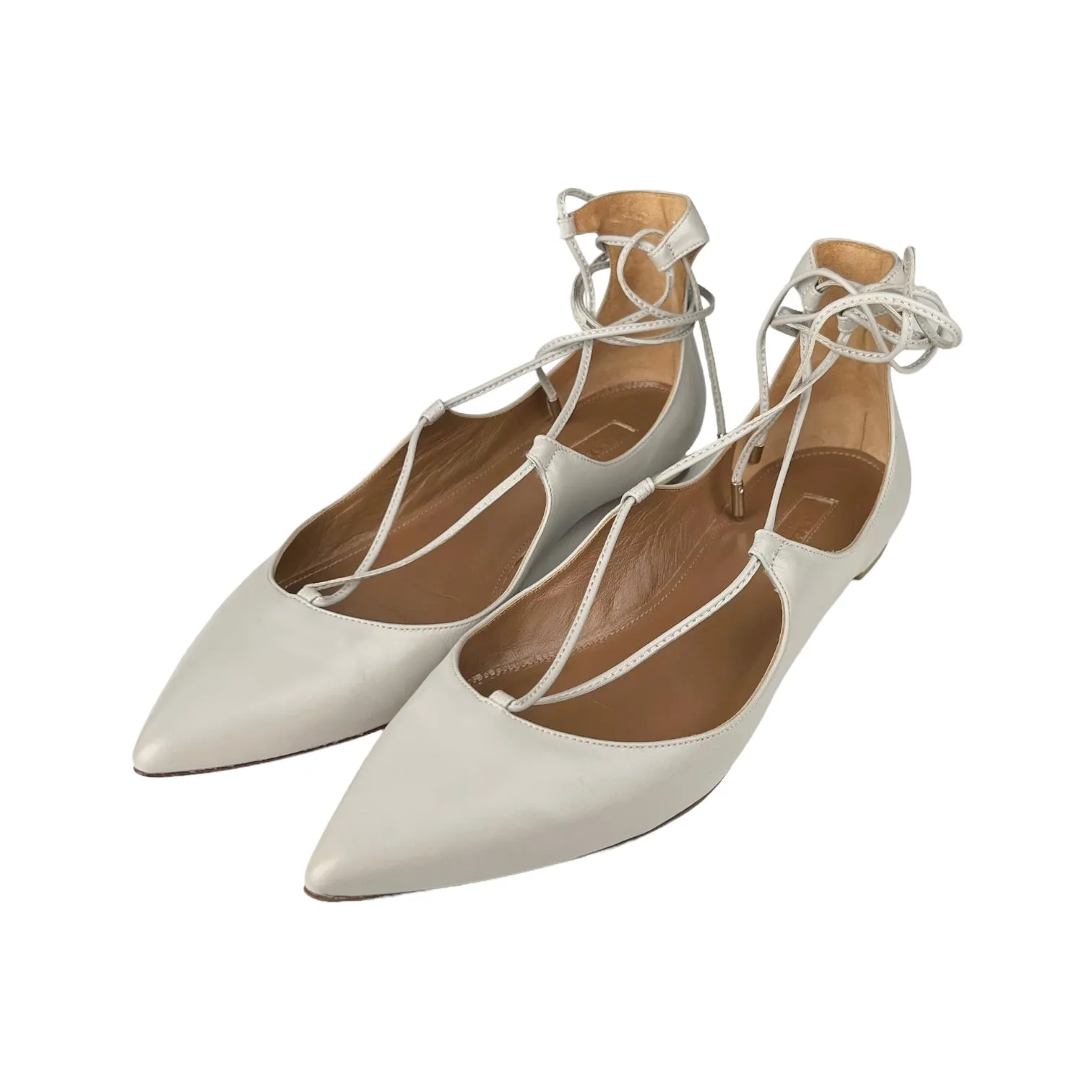Aquazzura Firenze Grey Leather Lace-Up 'Christy' Flats