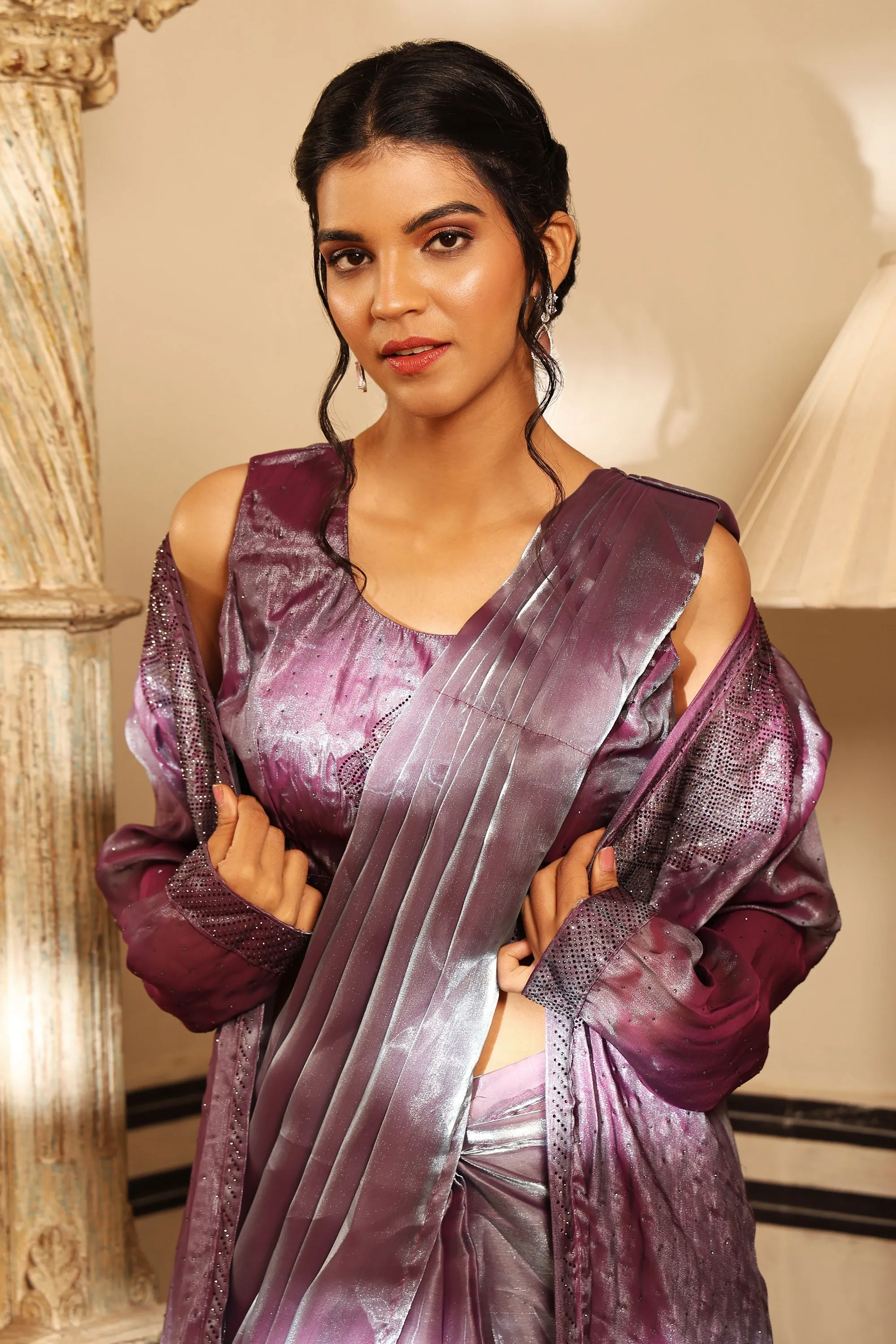 Attractive Party Style Art Silk Ready to Wear Saree With Long Jacket In Purple Color