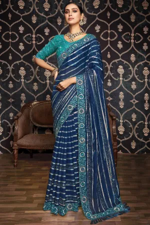 Entrancing Organza Fabric Saree In Blue Color With Border Work