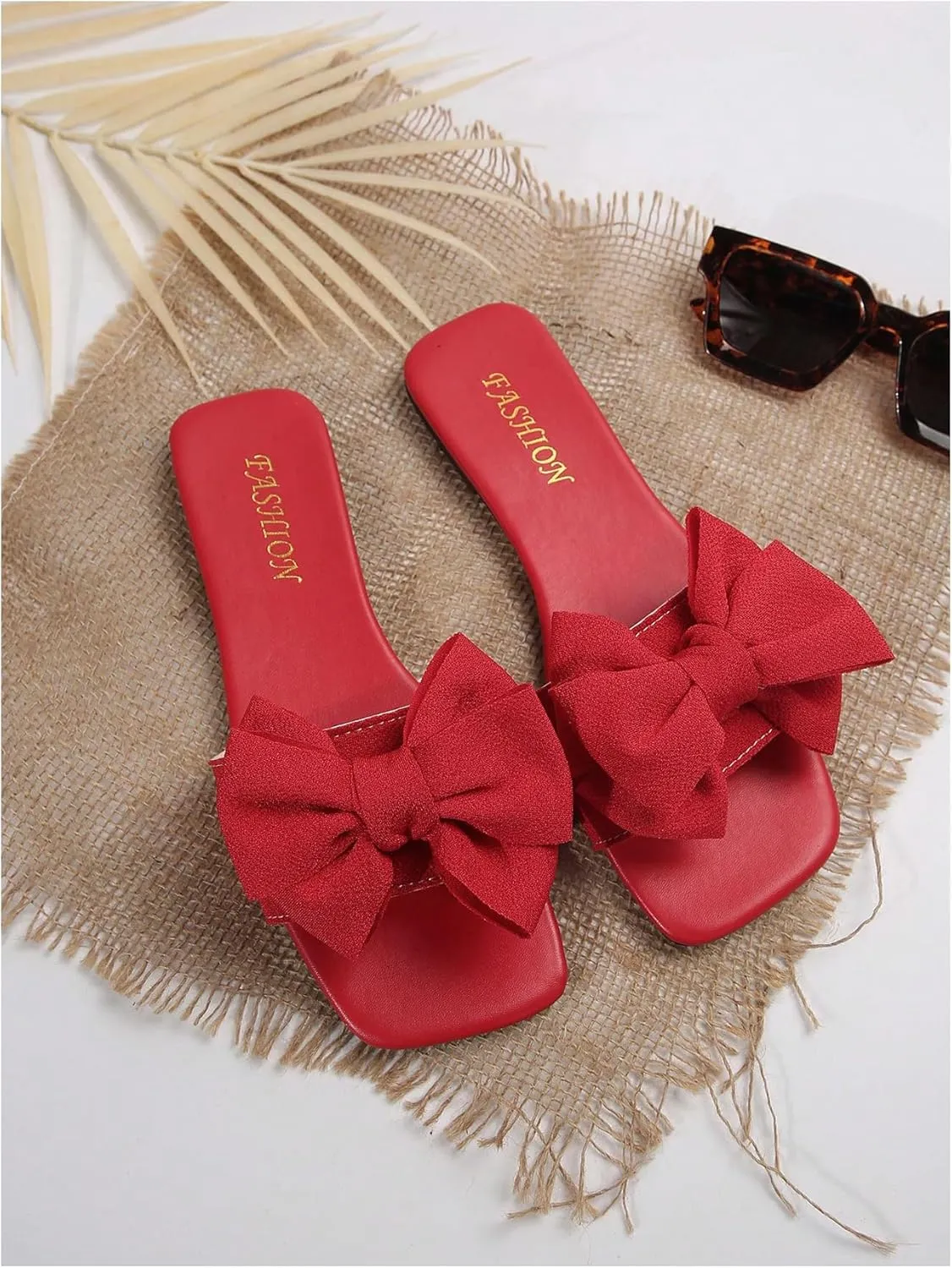GORGLITTER Women's Bow Flat Sandals Cute Slip on Slide Dressy Vacation Sandals