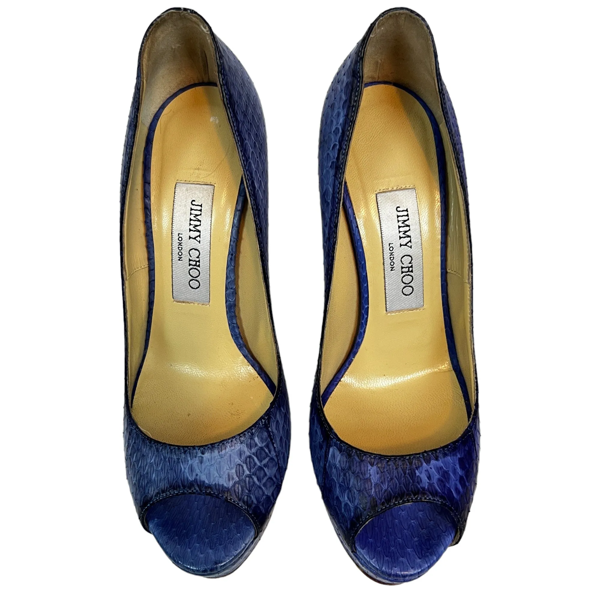 Jimmy Choo Blue Snakeskin Peep Toe 6" Platform Heels US/7.5 EUR/37.5