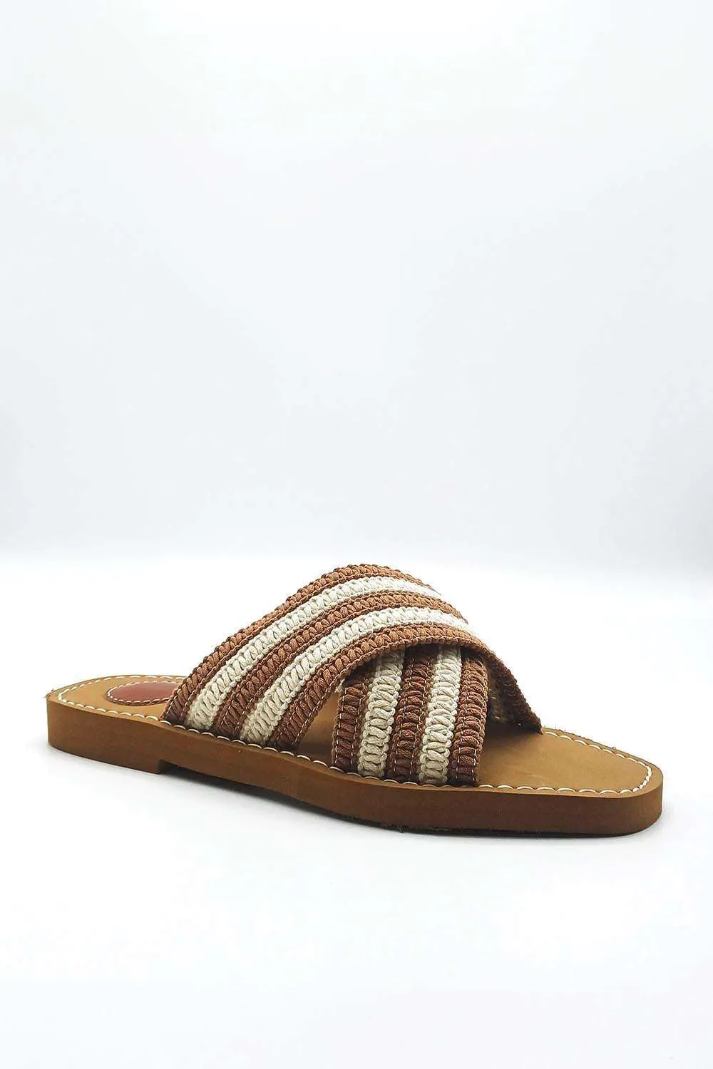 Josefina Crochet Criss Cross Strap Sliders in Mocha