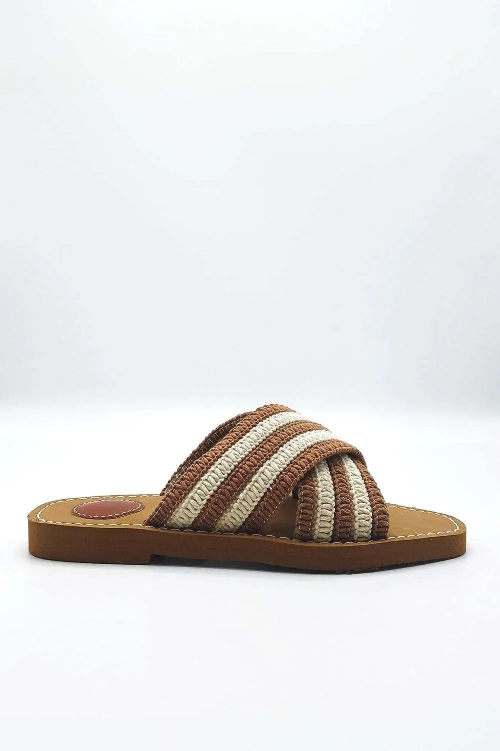 Josefina Crochet Criss Cross Strap Sliders in Mocha