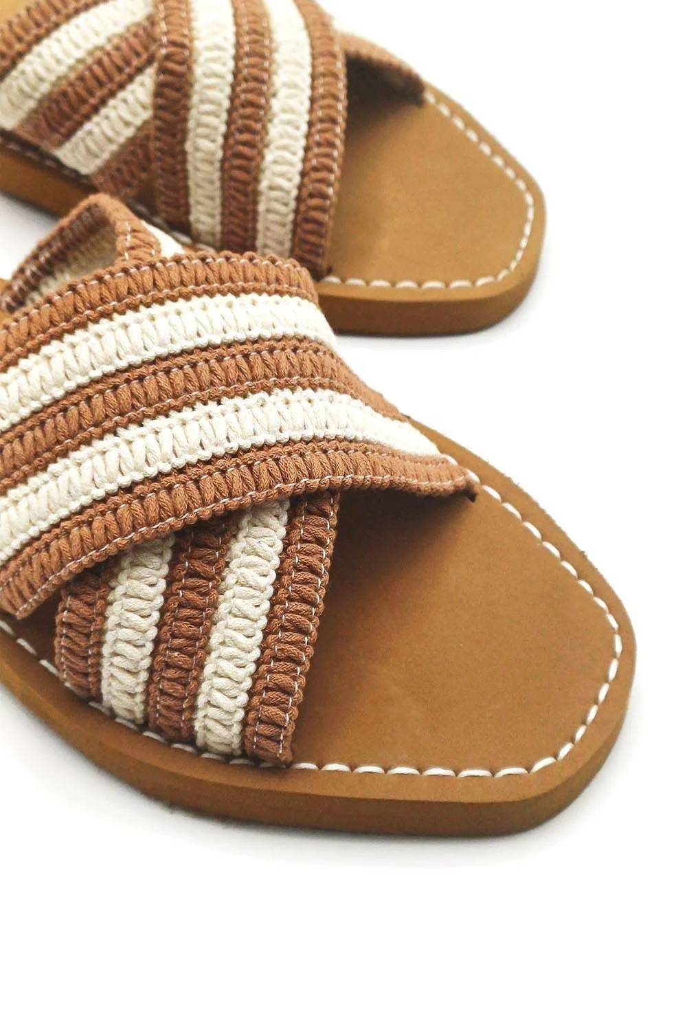 Josefina Crochet Criss Cross Strap Sliders in Mocha