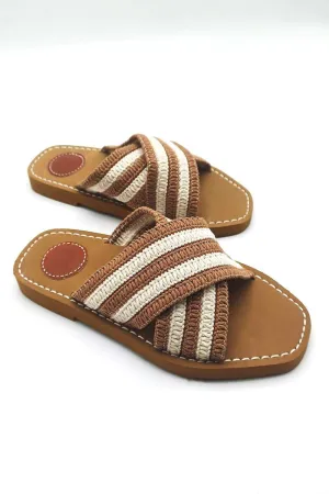 Josefina Crochet Criss Cross Strap Sliders in Mocha