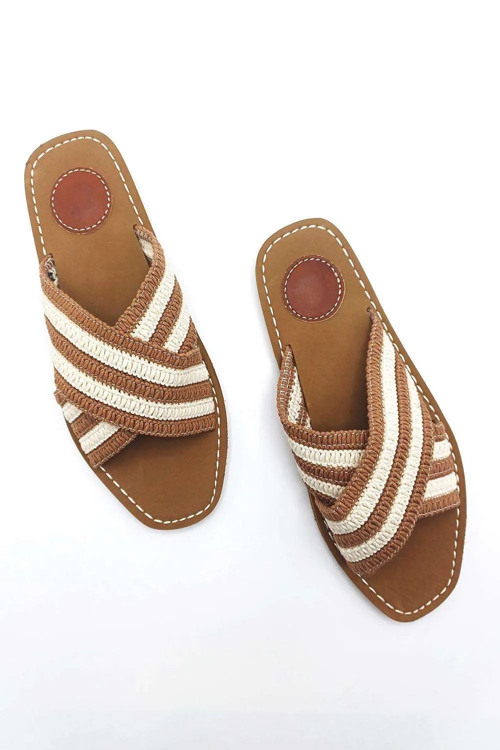 Josefina Crochet Criss Cross Strap Sliders in Mocha