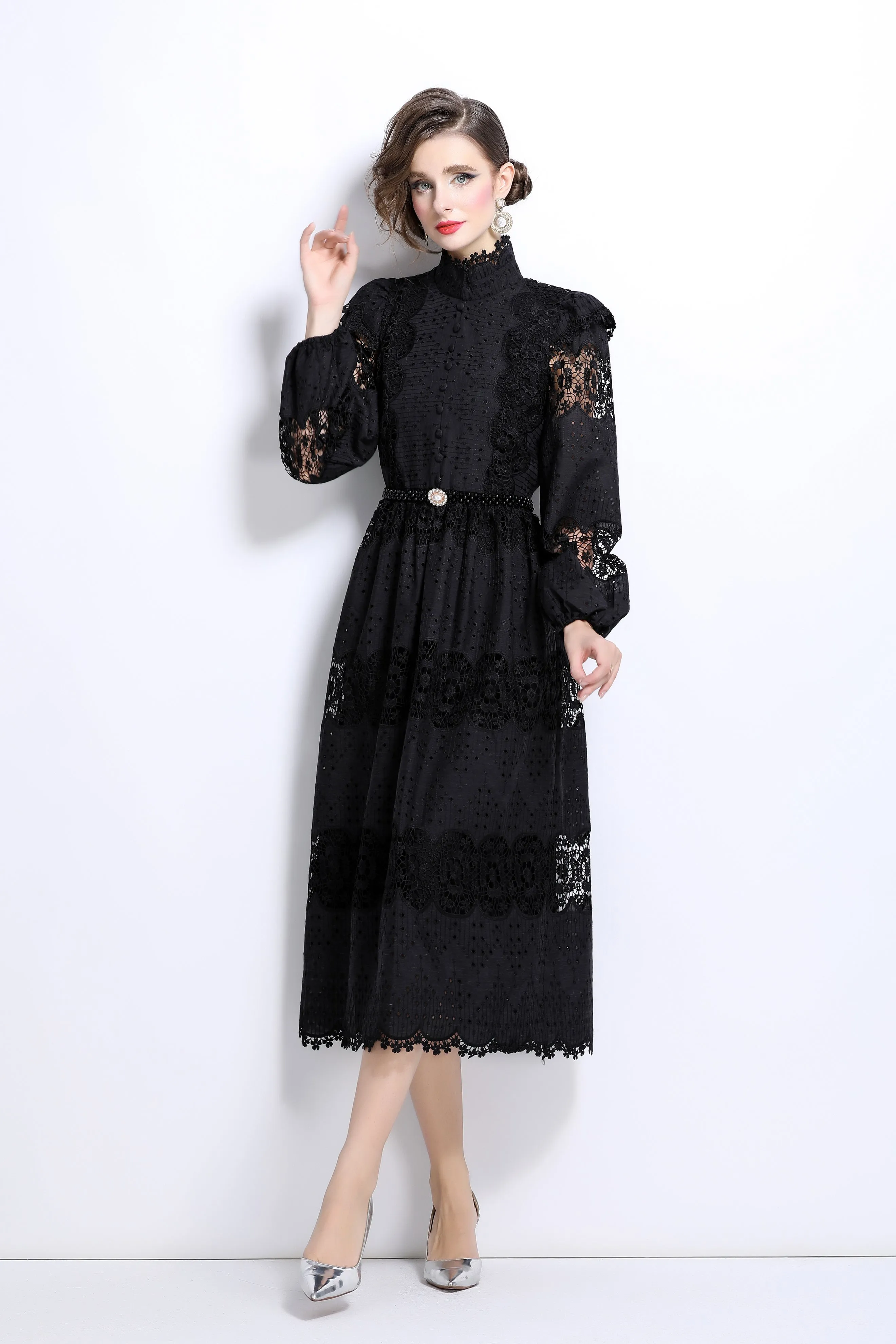 Lace Hollow Belt Buttons Maxi Dress