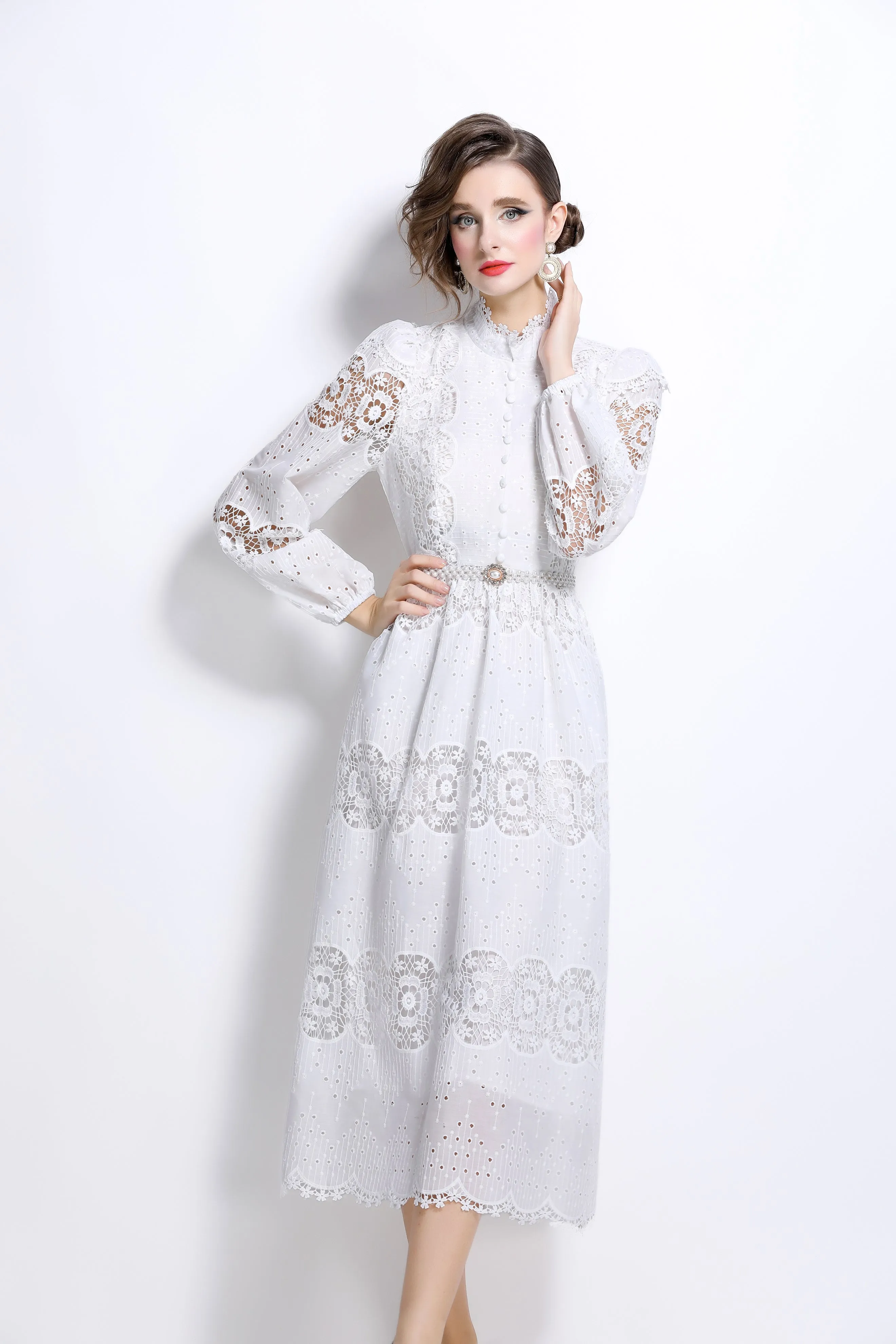Lace Hollow Belt Buttons Maxi Dress