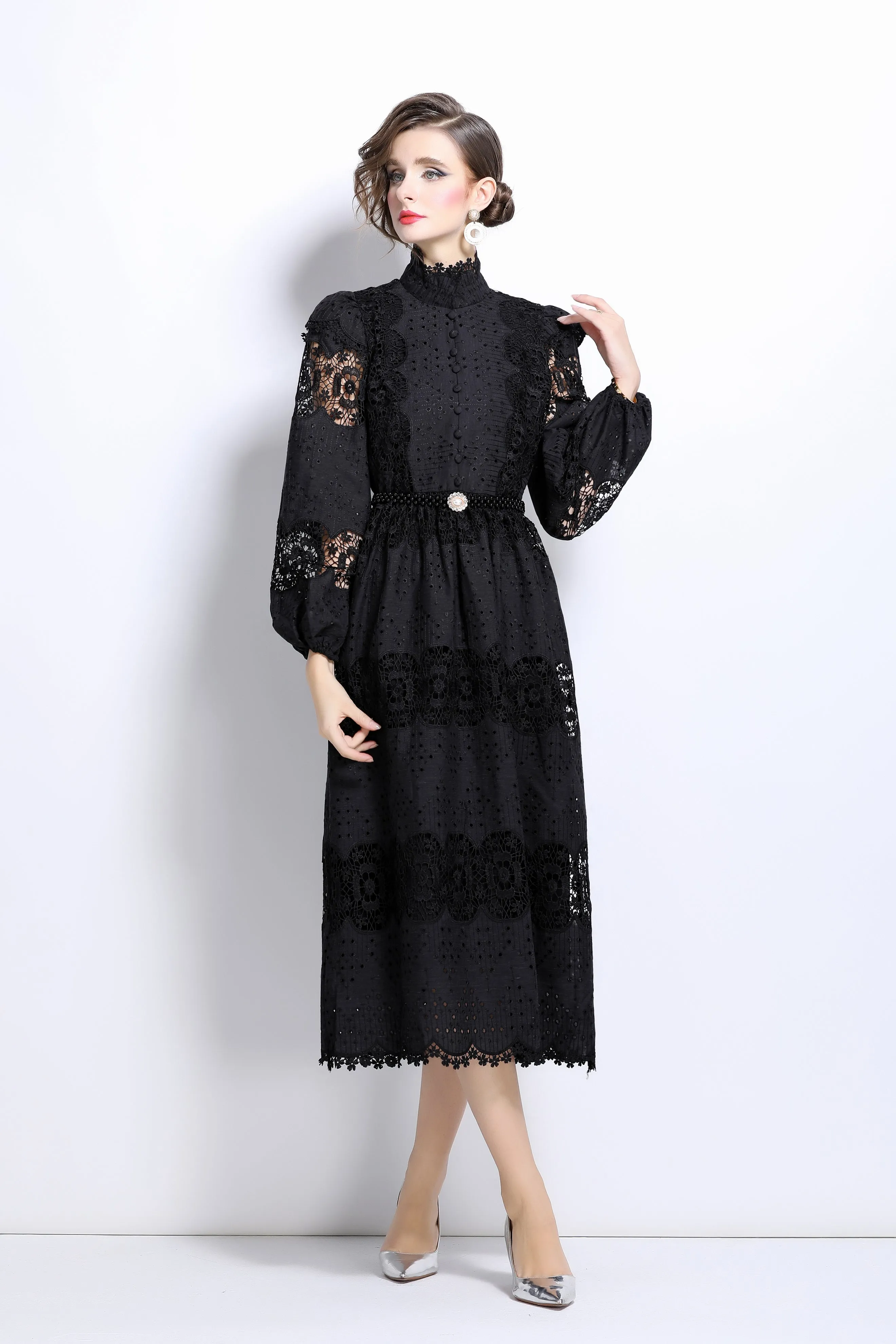 Lace Hollow Belt Buttons Maxi Dress