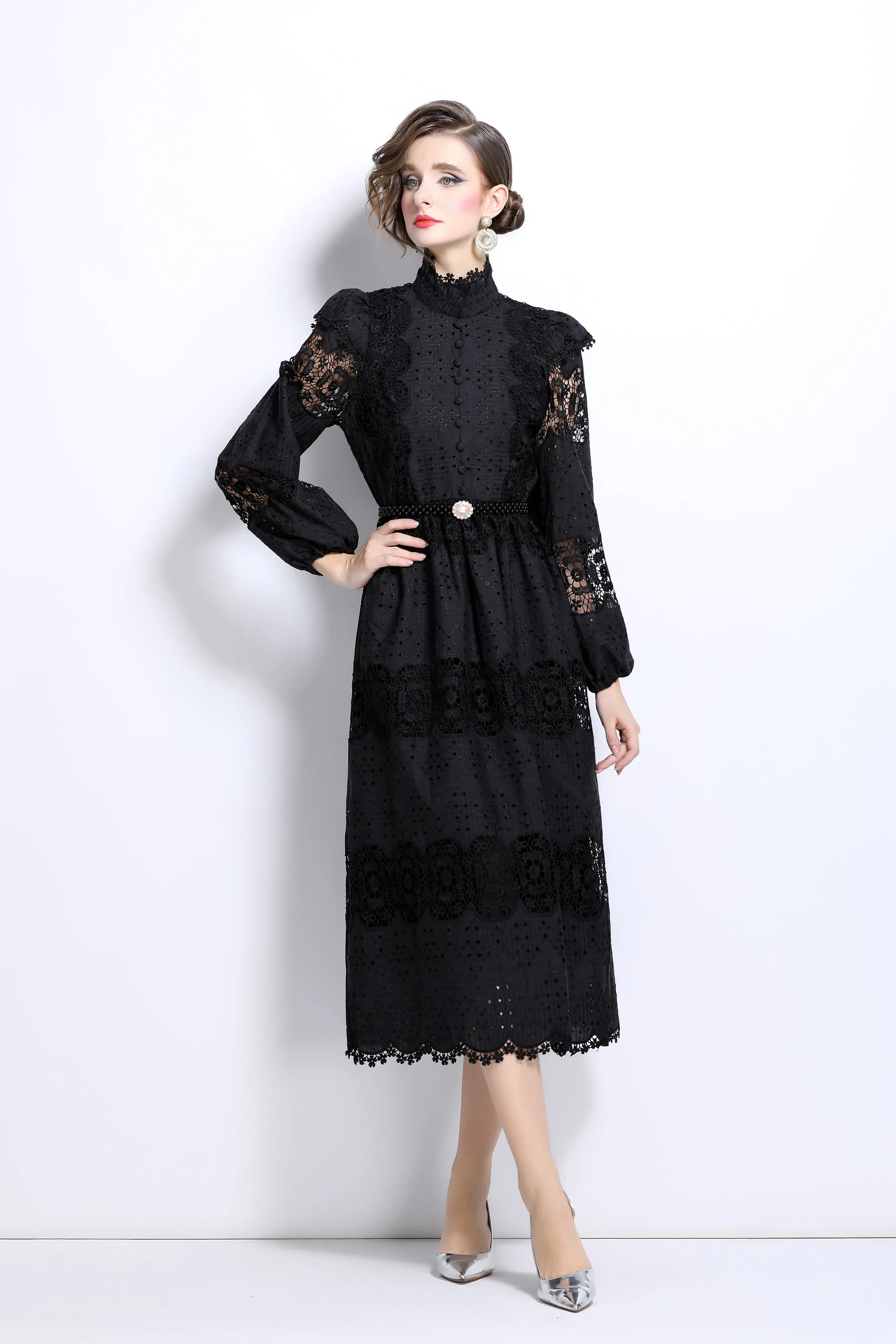 Lace Hollow Belt Buttons Maxi Dress