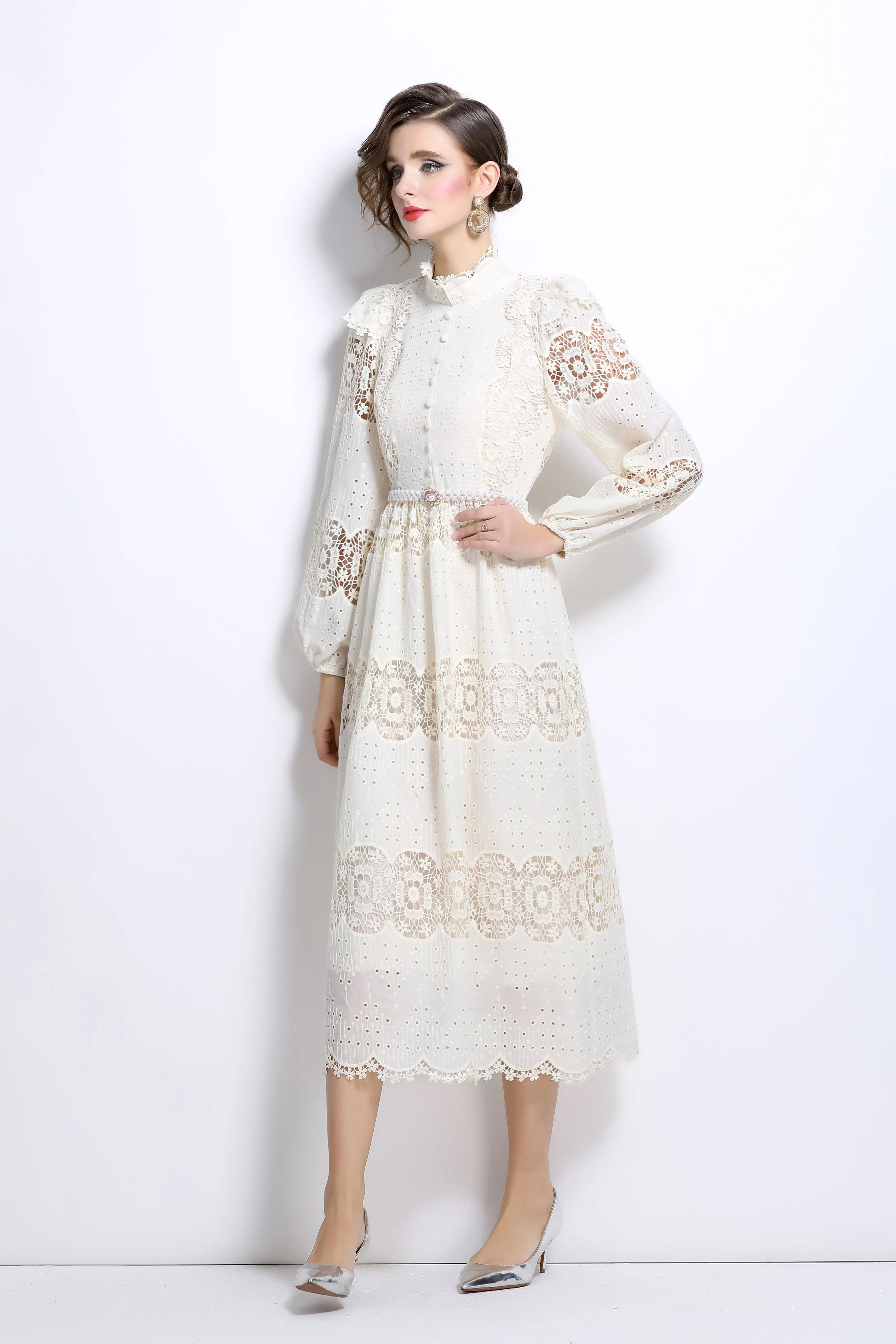 Lace Hollow Belt Buttons Maxi Dress