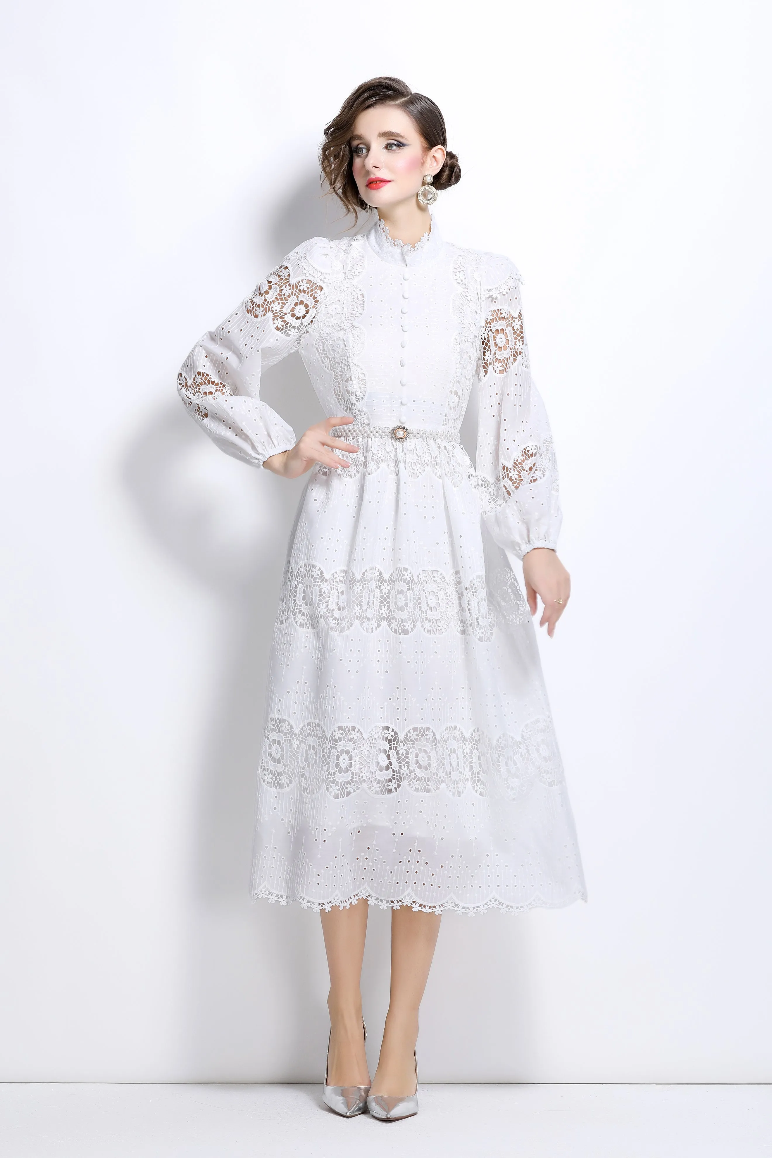Lace Hollow Belt Buttons Maxi Dress