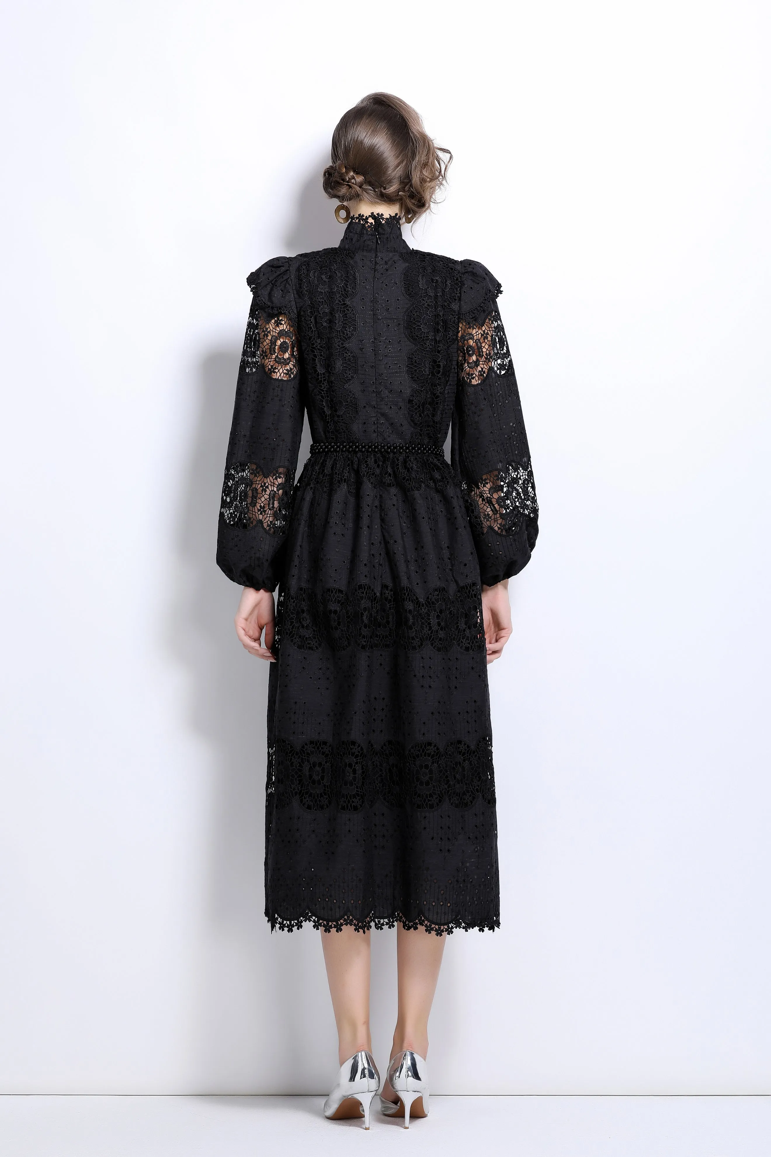 Lace Hollow Belt Buttons Maxi Dress