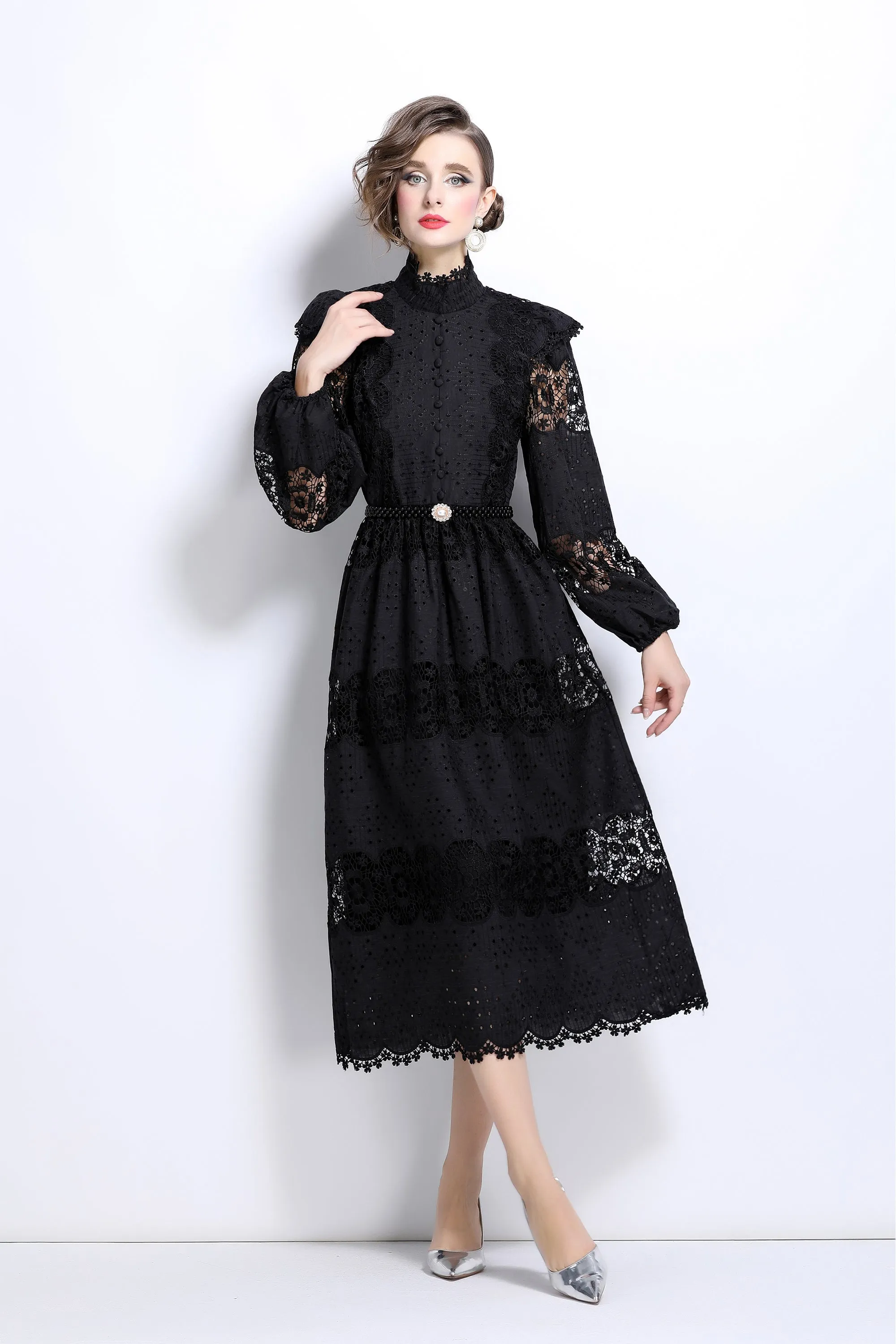 Lace Hollow Belt Buttons Maxi Dress