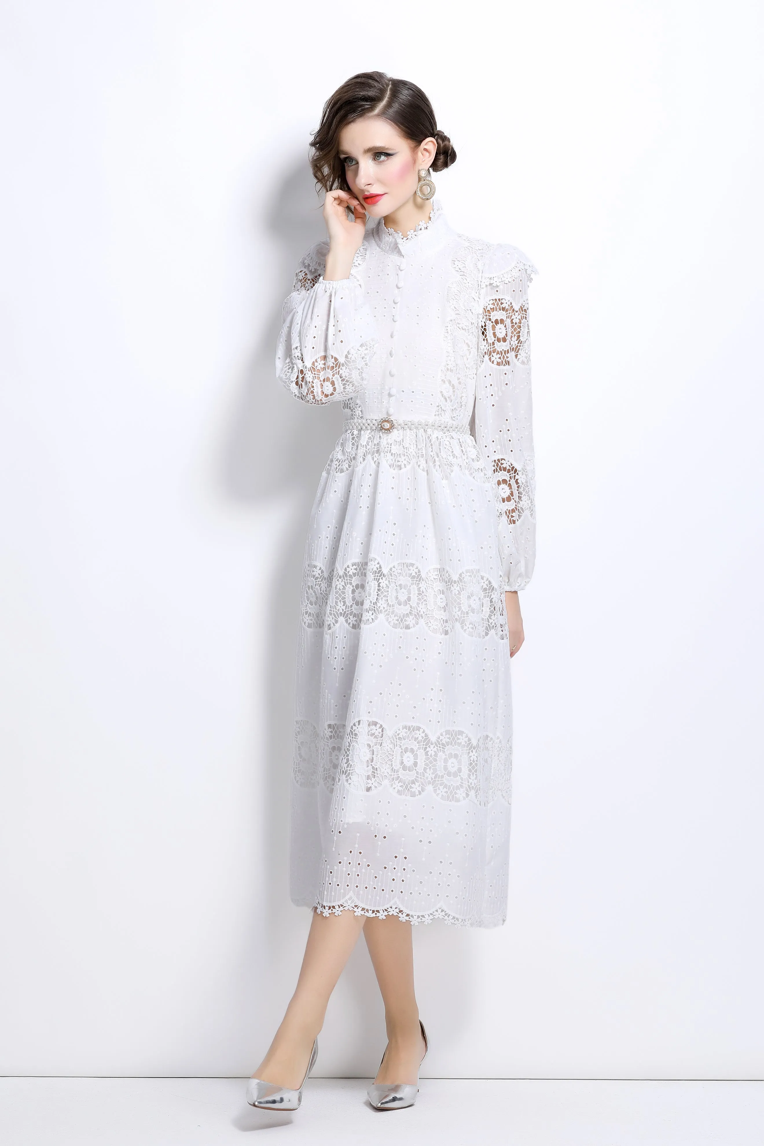Lace Hollow Belt Buttons Maxi Dress