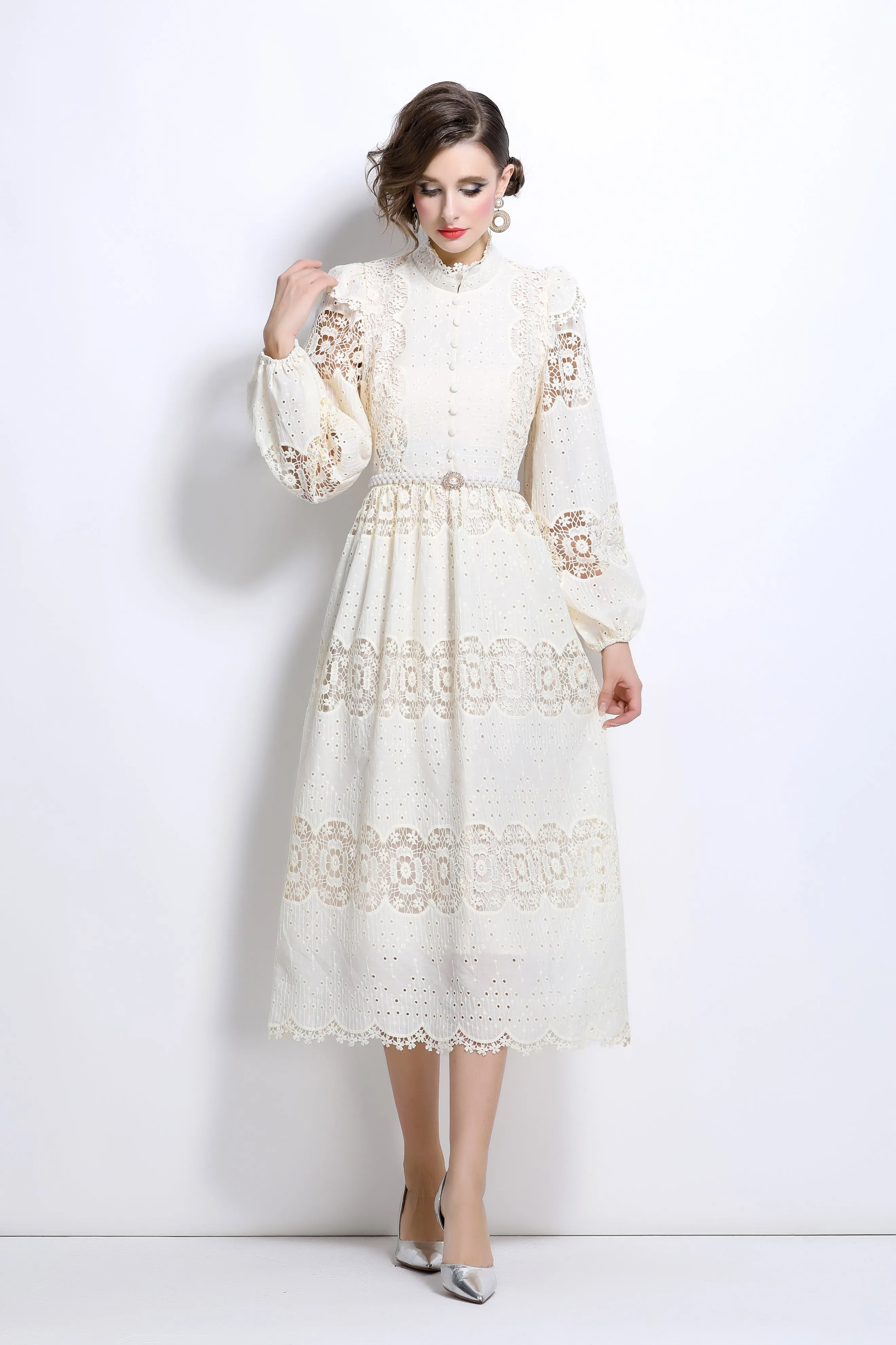Lace Hollow Belt Buttons Maxi Dress