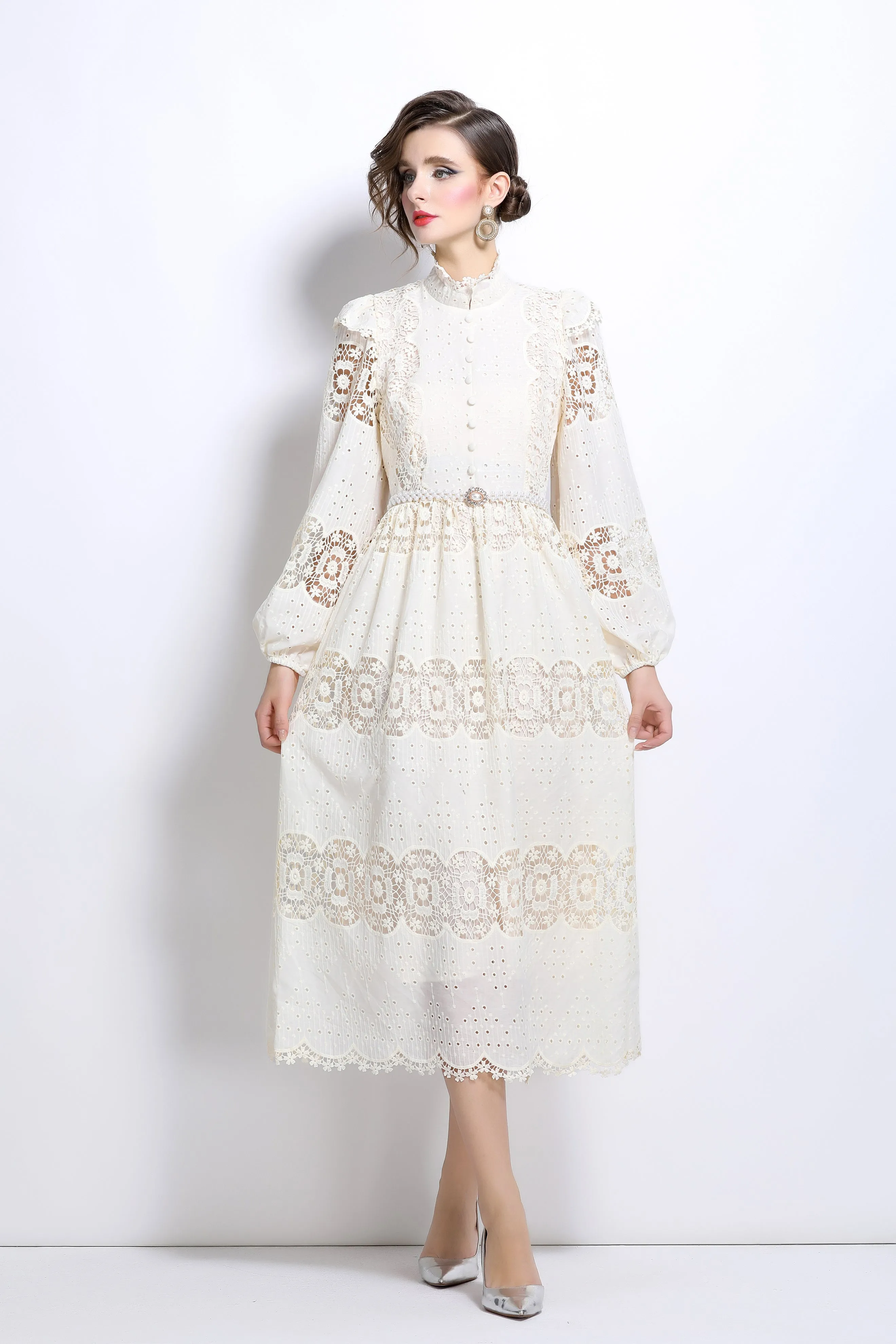 Lace Hollow Belt Buttons Maxi Dress