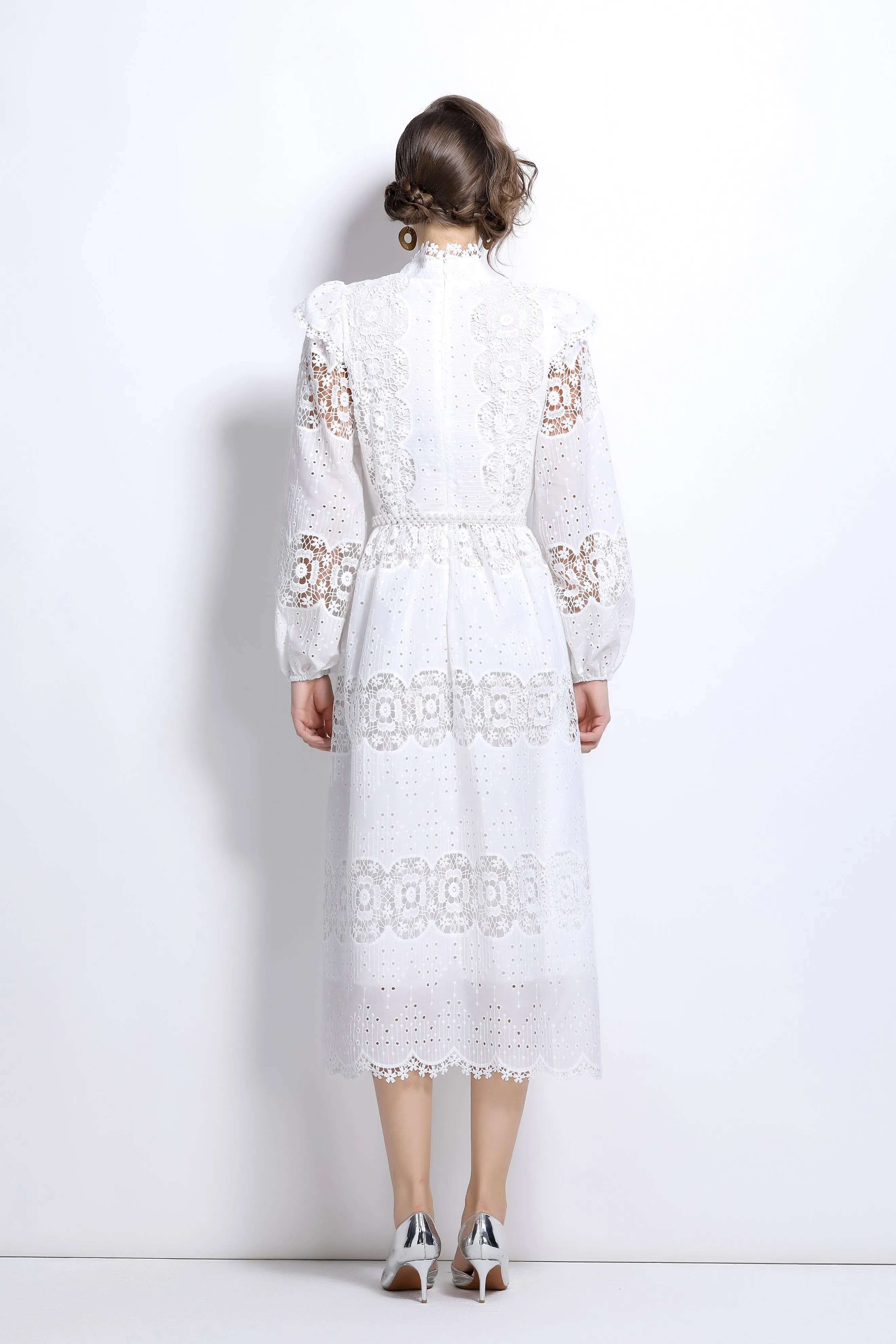 Lace Hollow Belt Buttons Maxi Dress