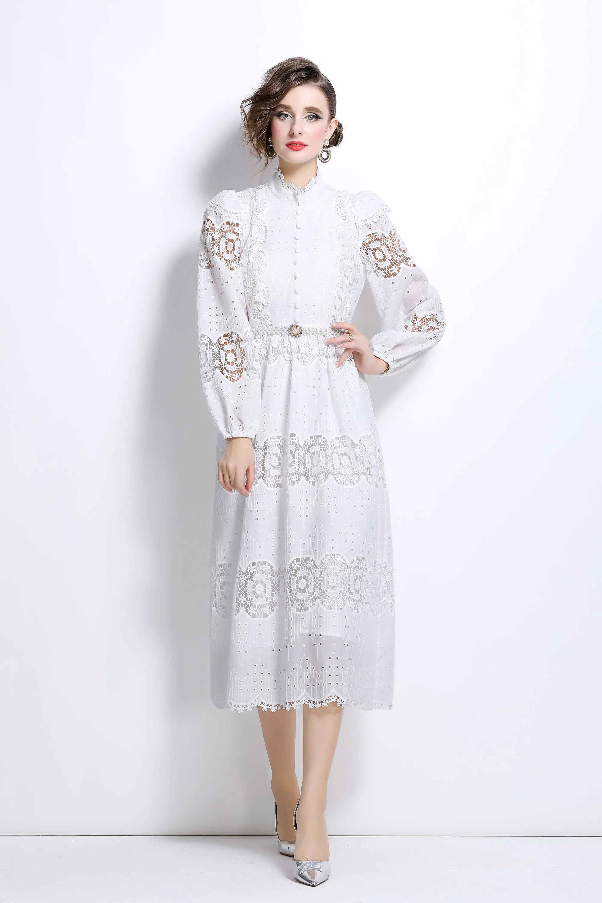 Lace Hollow Belt Buttons Maxi Dress