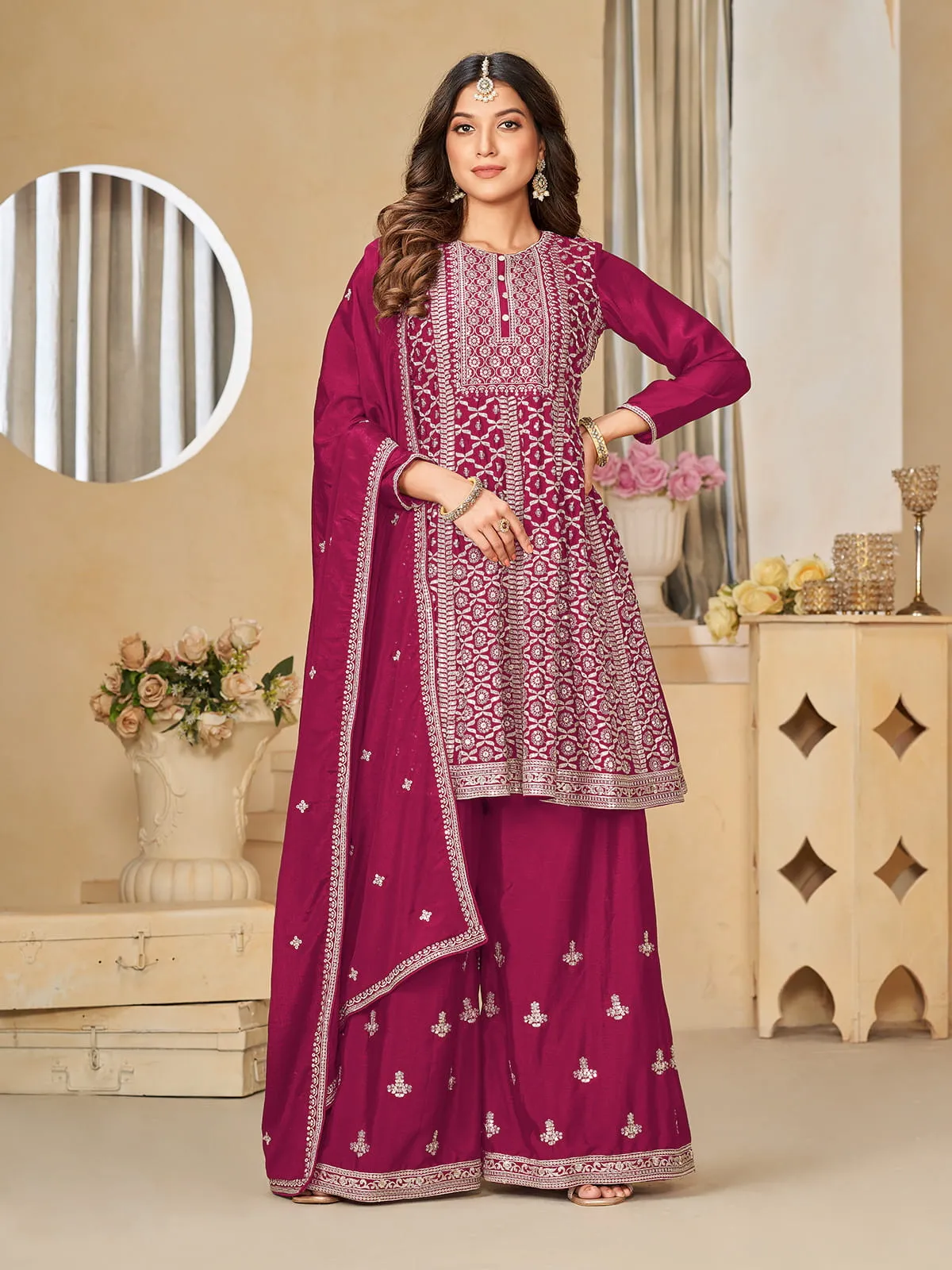 Magenta Reshamkari Embroidery Festive Palazzo Suit