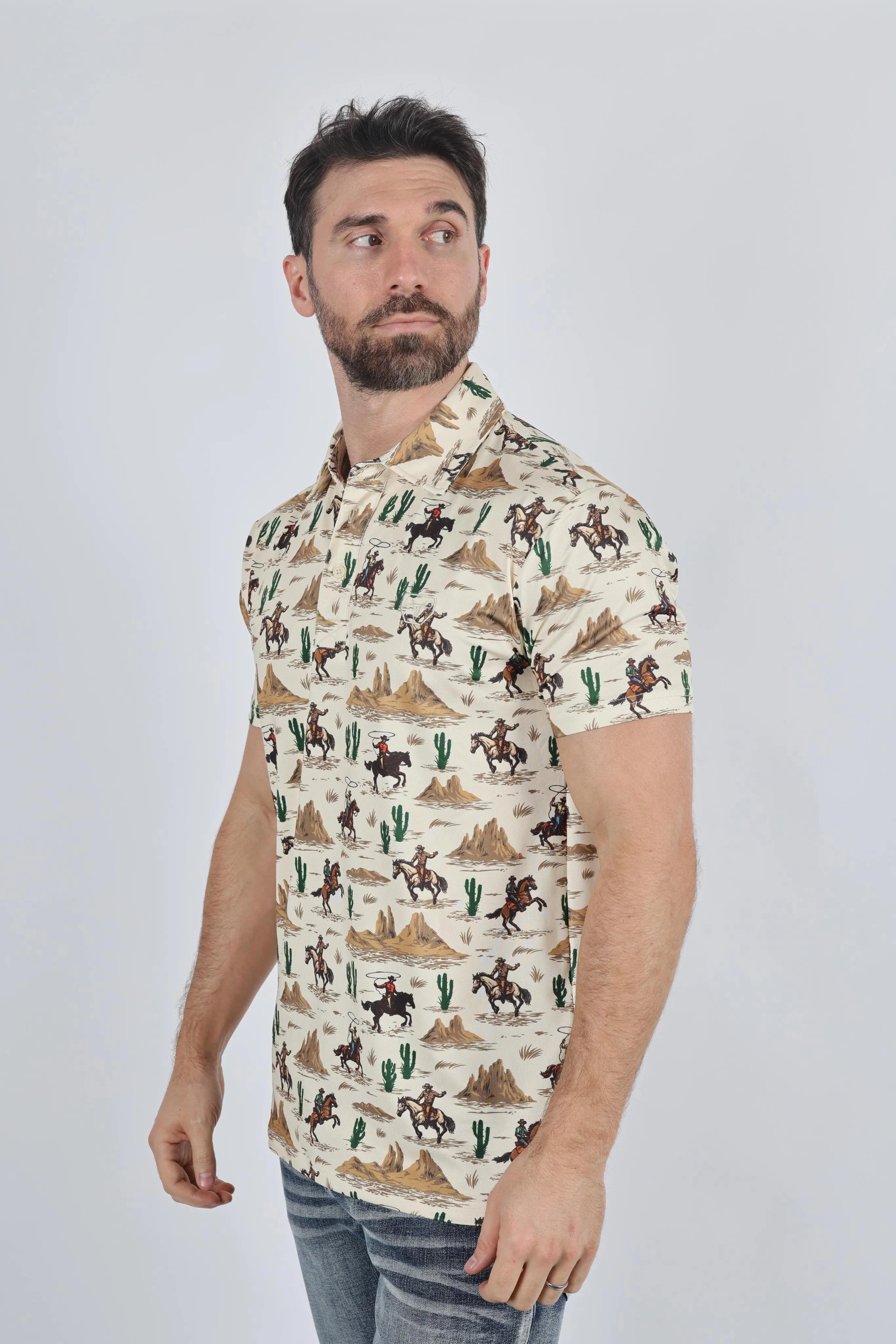 Mens Performance Fabric Modern Fit Stretch Cactus Print Polo from Platini Fashion