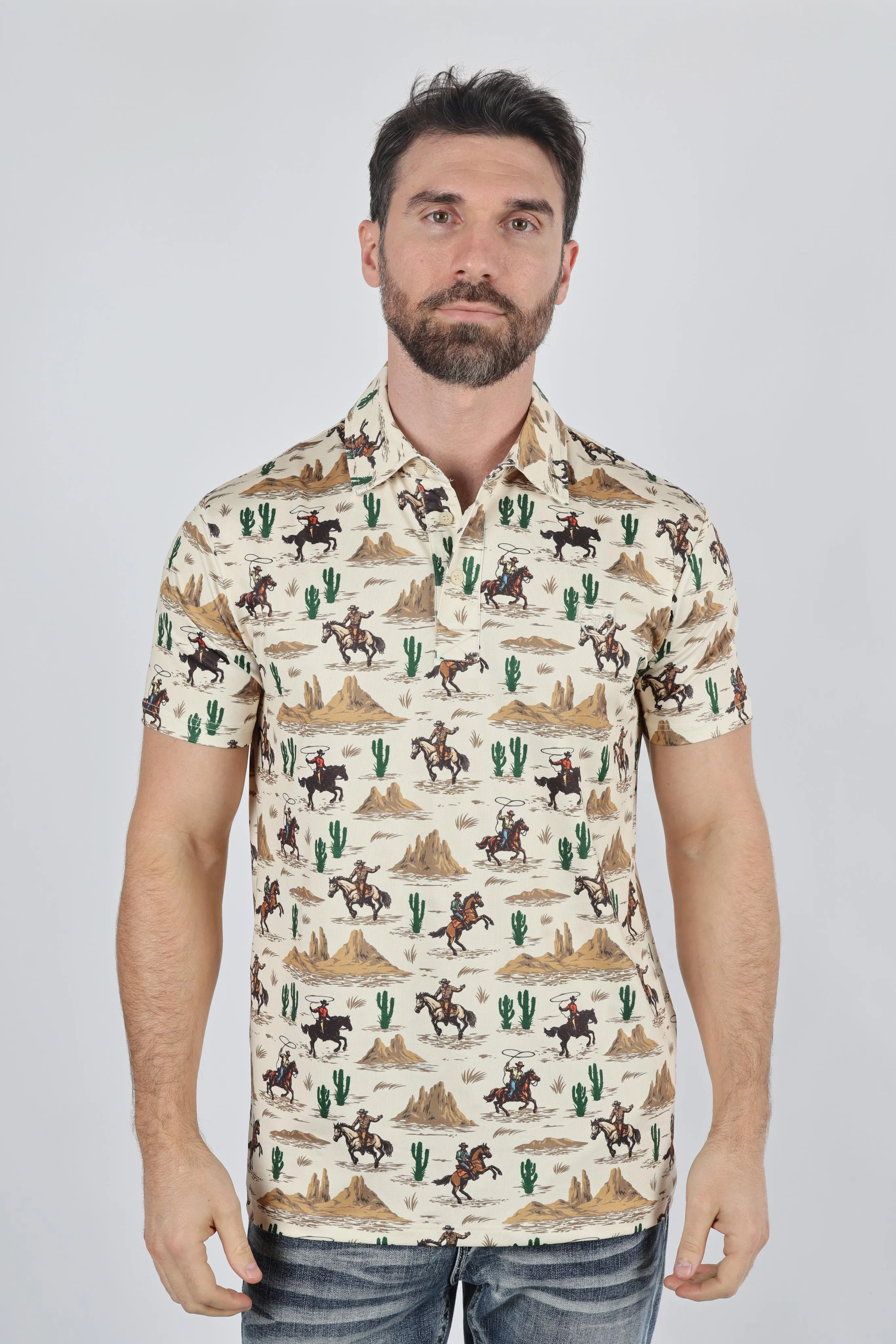 Mens Performance Fabric Modern Fit Stretch Cactus Print Polo from Platini Fashion