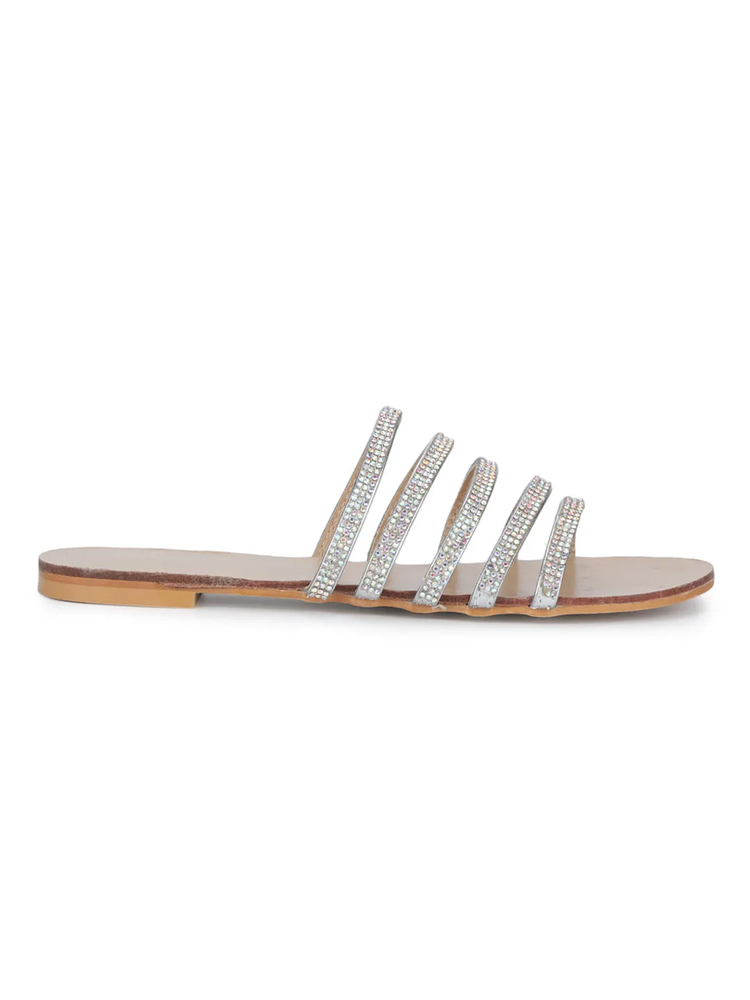 Silver Strappy Diamante Slip-on Flats