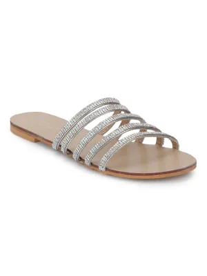 Silver Strappy Diamante Slip-on Flats