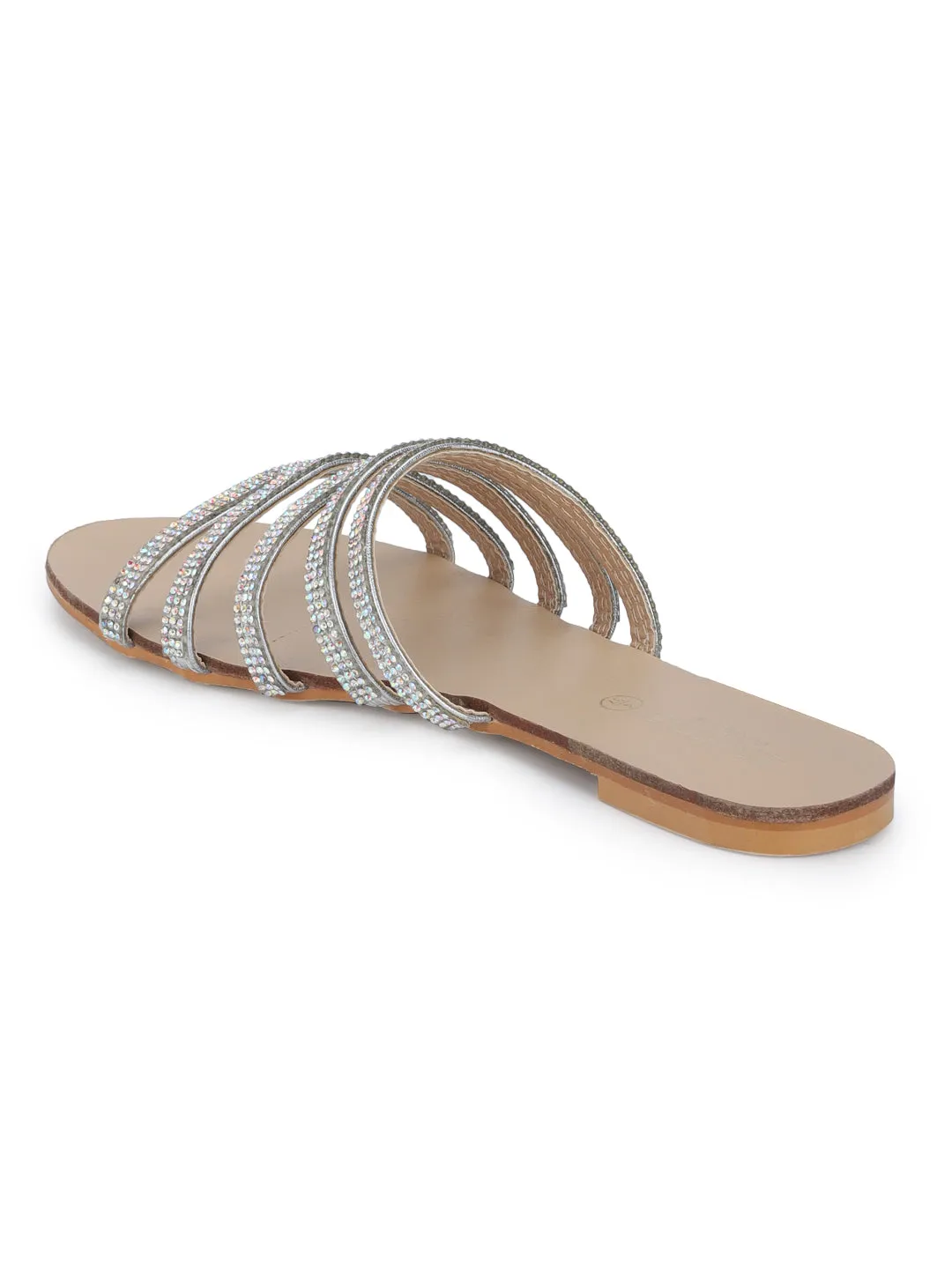 Silver Strappy Diamante Slip-on Flats