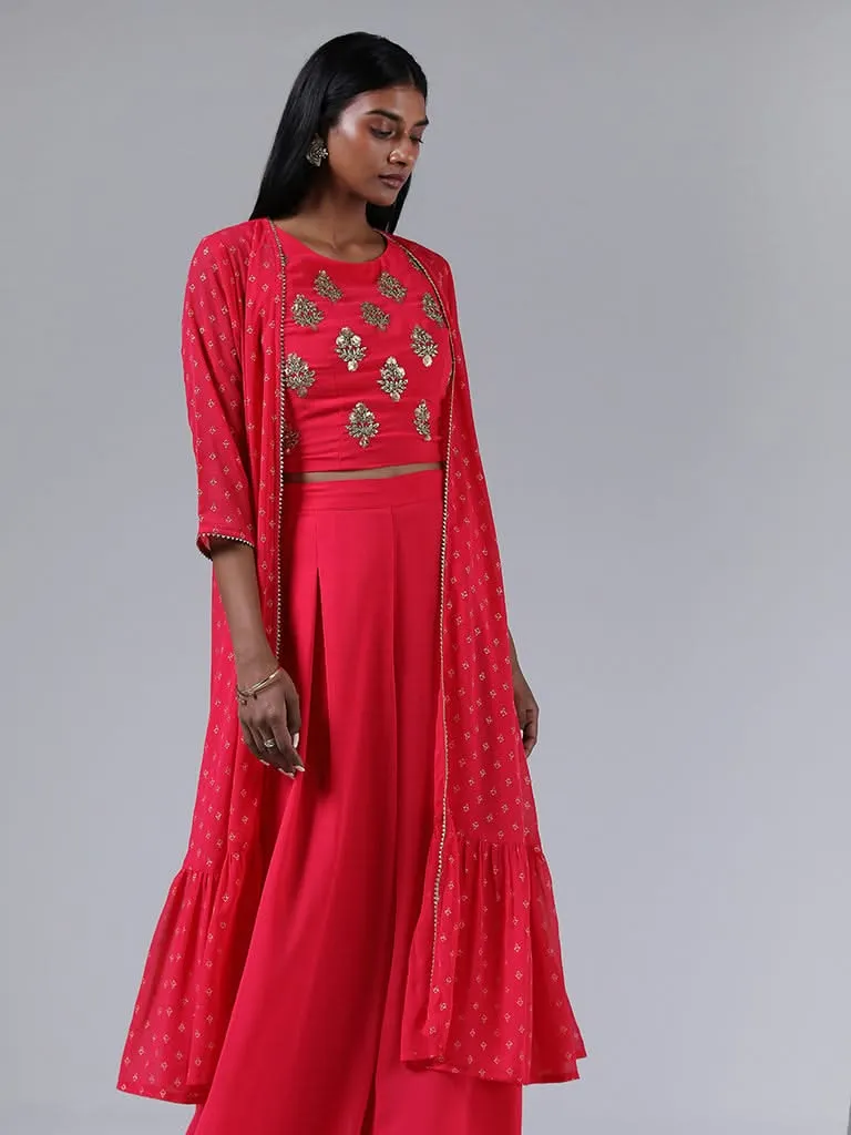 Vark Pink Zardozi Embroidered Crop Top with Jacket & Palazzos Set