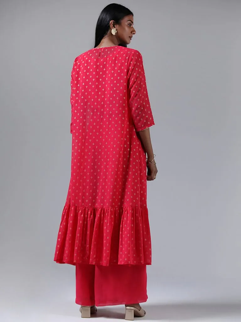Vark Pink Zardozi Embroidered Crop Top with Jacket & Palazzos Set