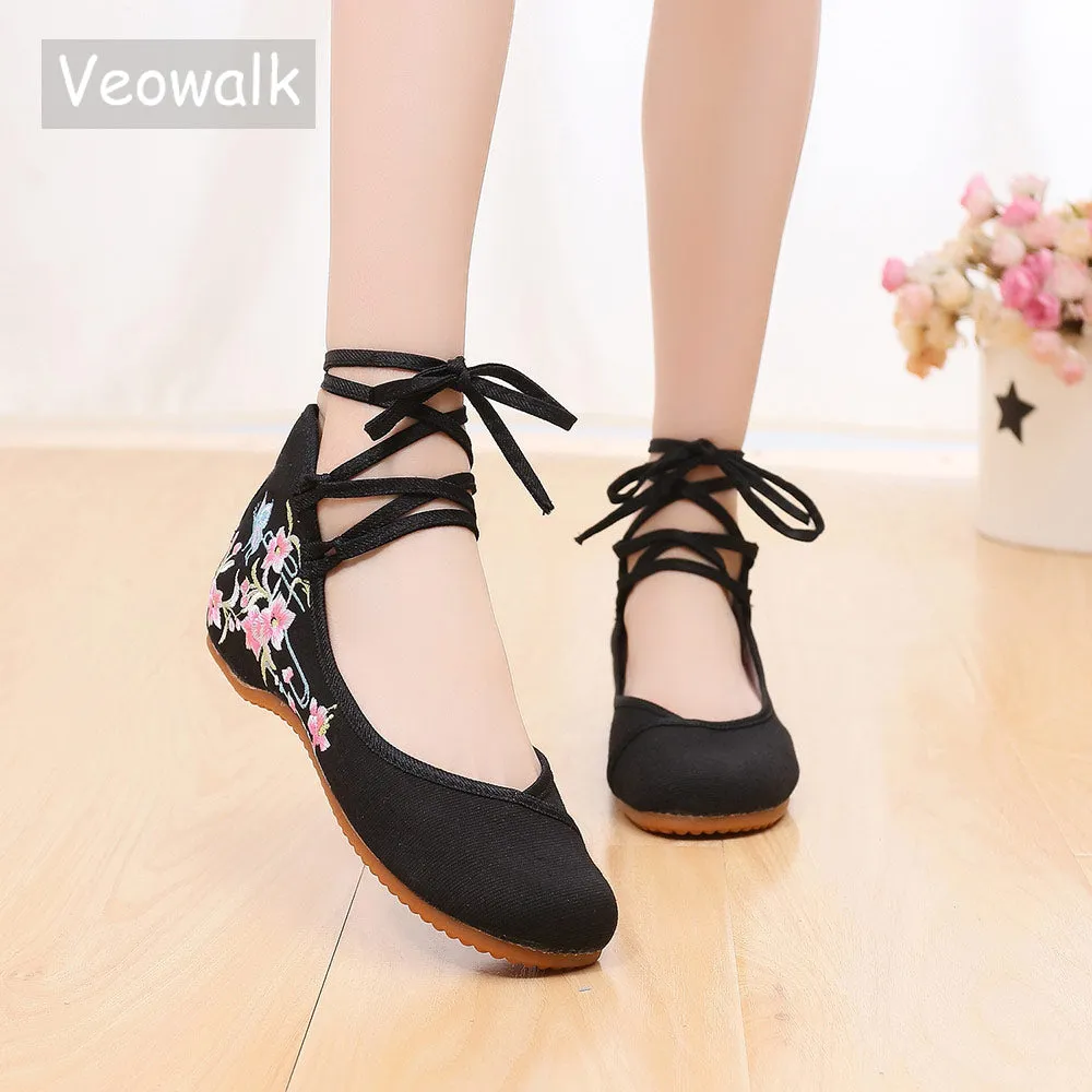 Veowalk Ankle Strap Women Canvas Embroidered Ballet Flats Ladies Comfort Cotton Ballerinas Woman Dance Shoes Vegan Muslem Shoes